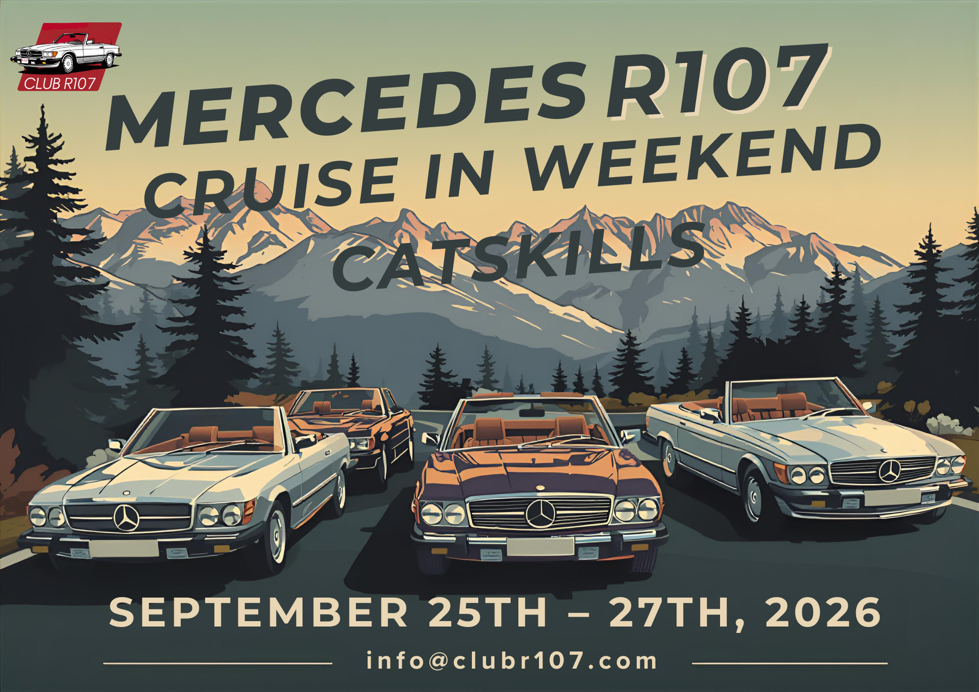 Mercedes R107 cars cruising in the Catskills mountains during a weekend event, September 25-27, 2026.