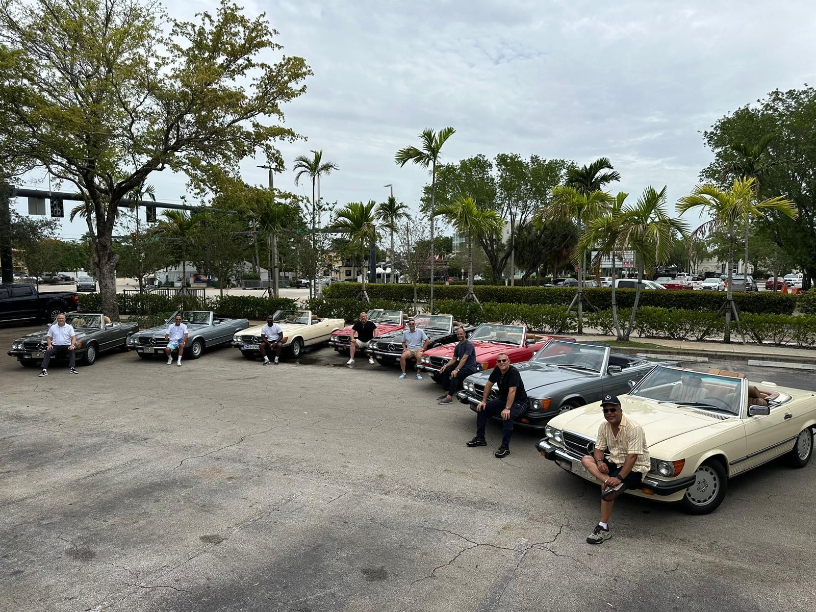Group of classic convertible cars parked with people near trees. Cloudy day, people are sitting on or near the cars.