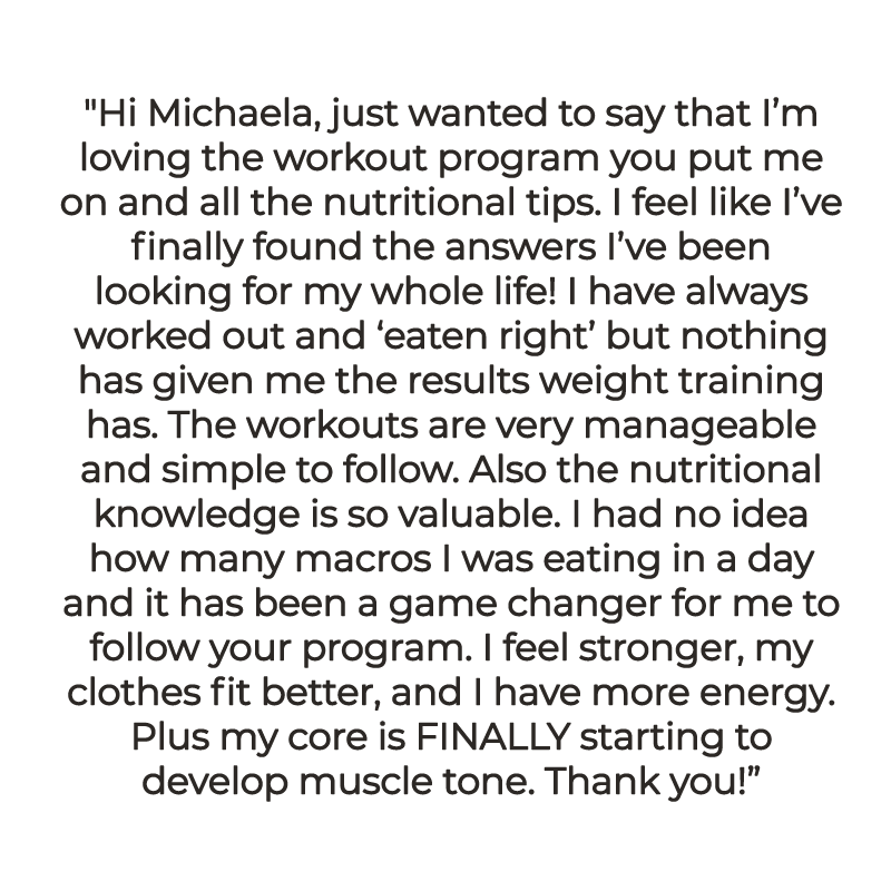 Customer testimonial in a blue circle: A woman named Brittany M. praises Michaela, a trainer, for helping her reach fitness goals.