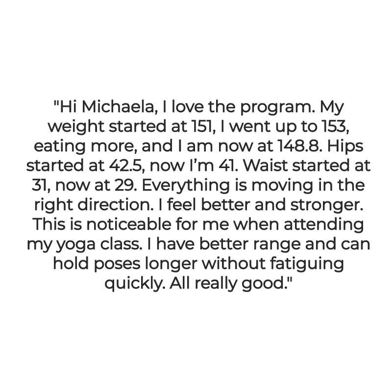 Testimonial: Client Leslie C. praises trainer Michaela's Zoom sessions, expressing surprise at increased strength and enjoying exercise.