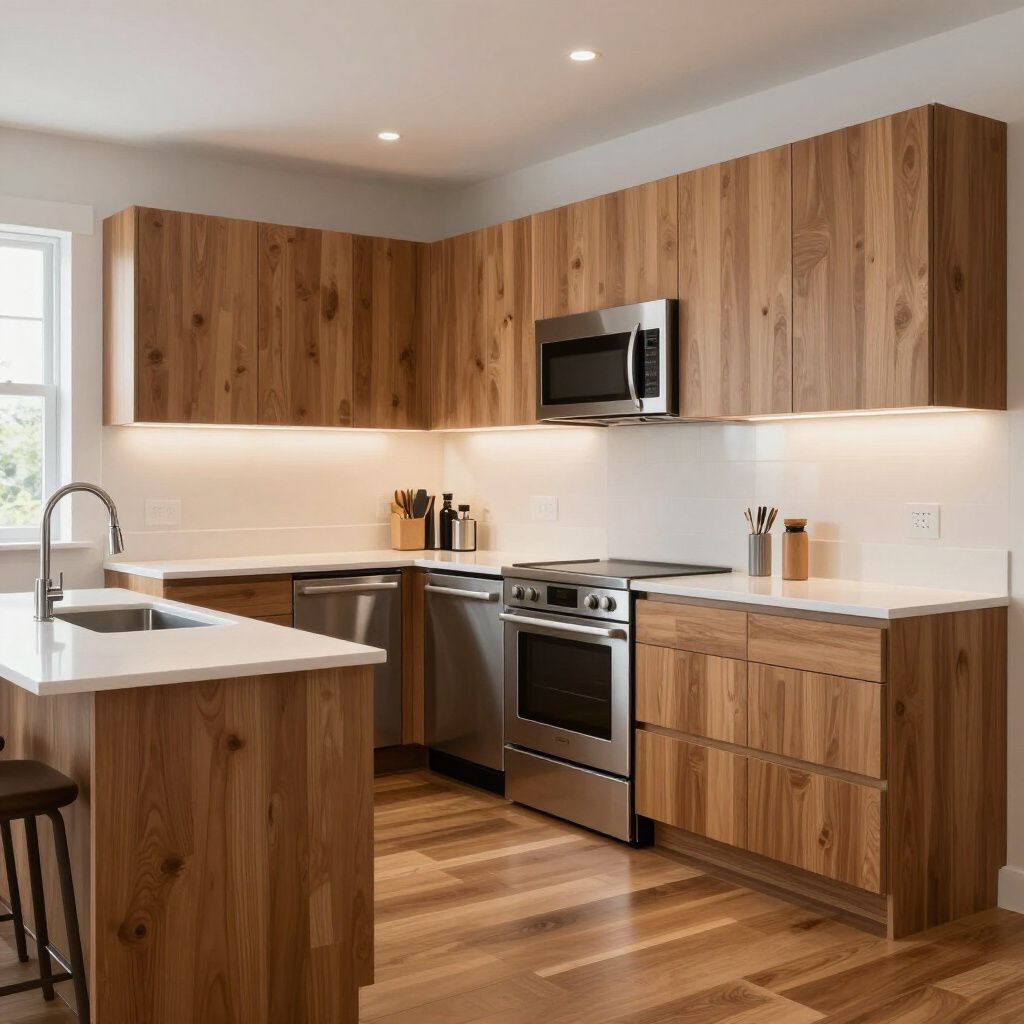 Modern kitchen with light wood cabinets, stainless steel appliances, and white countertops.