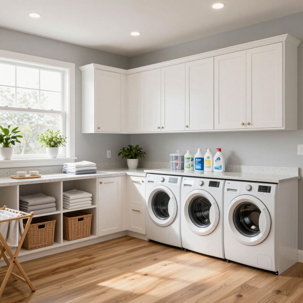 Laundry room with white cabinets, three washing machines, and wooden floor.