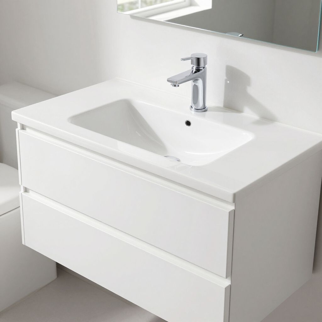 White floating bathroom vanity with a ceramic sink and chrome faucet. Two drawers below.