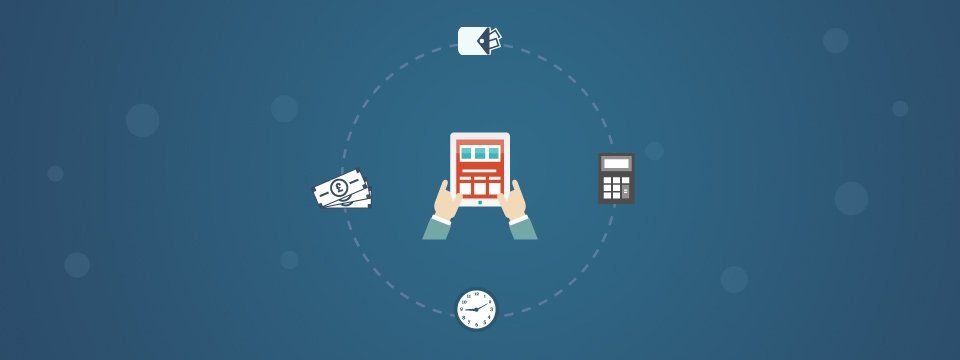 Cartoon of an iPad in the middle of a dotted circle studded with a clock, calculator and bank notes