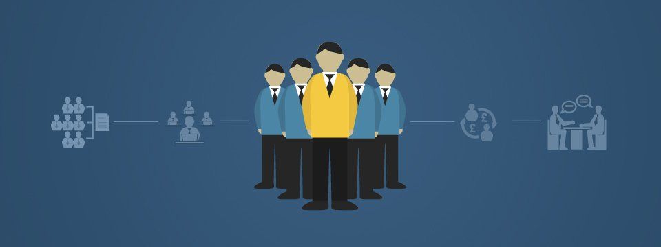 Cartoon men standing in a group, with white graphics on a blue background behind them