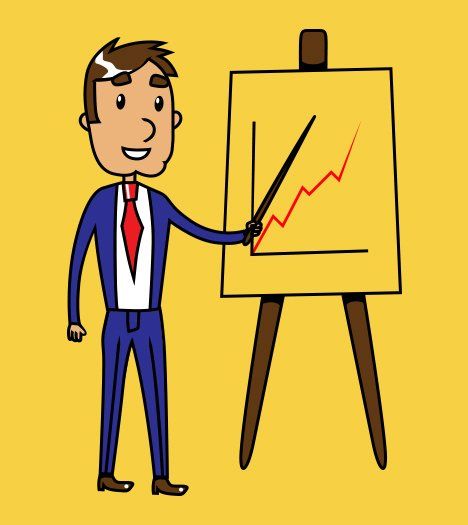 Cartoon of a man in blue suit and red tie, standing beside a flip chart on a stand, pointing to a graph