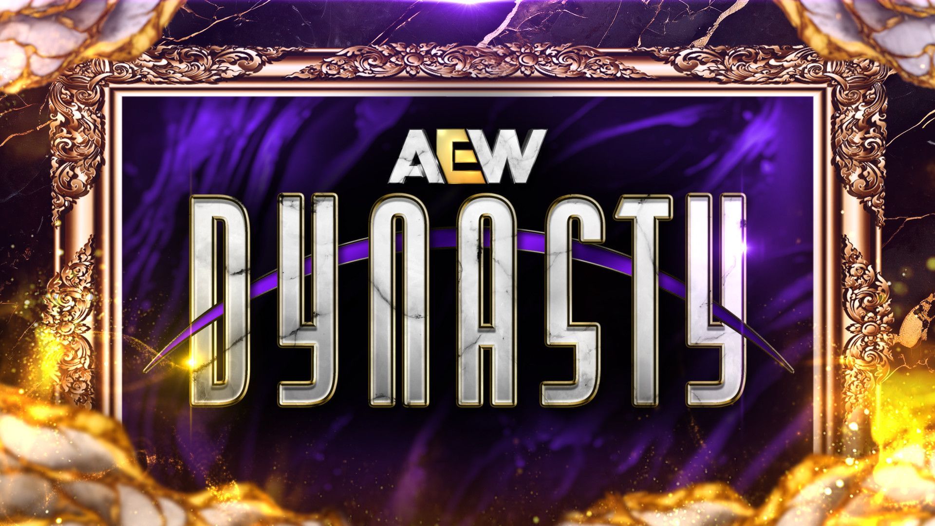The logo for aew dynasty is purple and gold.