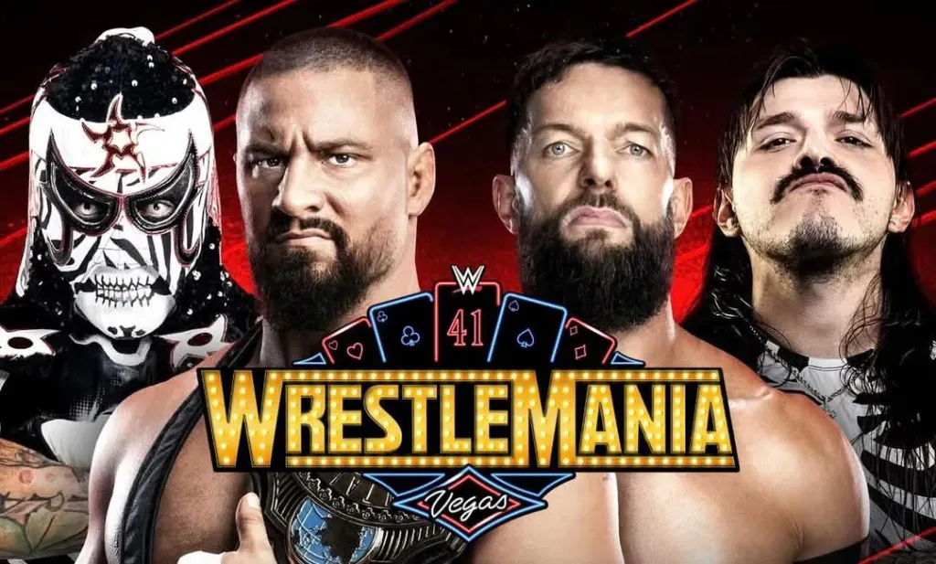 A group of men are standing next to each other in front of a wrestlemania logo.