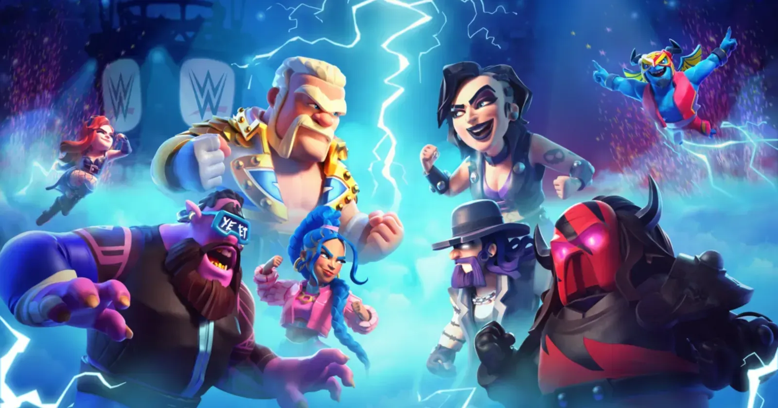 A group of cartoon characters are standing next to each other in front of a lightning bolt.