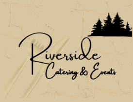 Logo for Riverside Catering and Events. Features a river, cake, fork, knife, gold accents, and text.