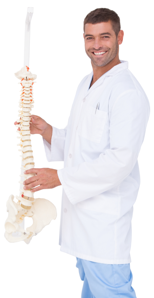 Man in white coat holding a spine model, smiling.