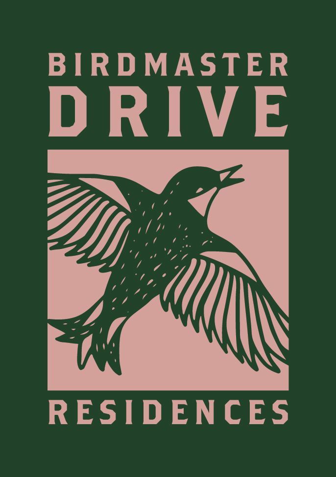a logo for birdmaster drive residences with a bird on it