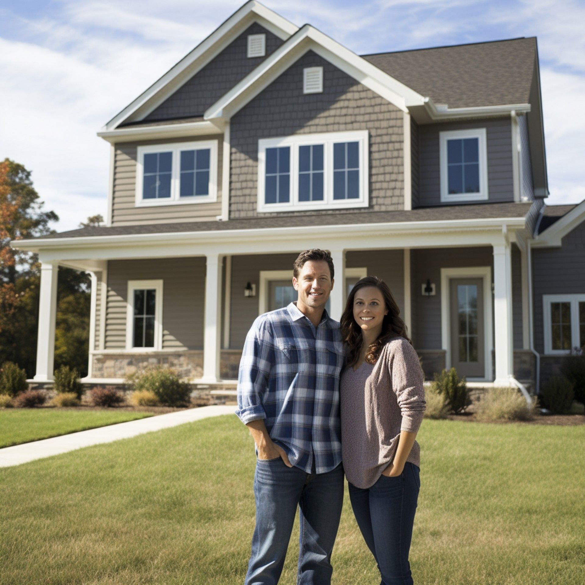 Couple standing in front of their new gray house with green lawn, smiling.