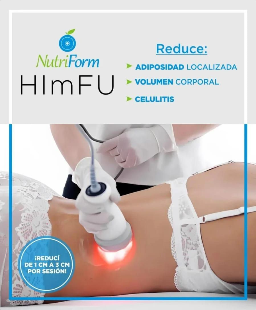 Anuncio de NutriForm para el tratamiento HimFU que muestra a un profesional utilizando un dispositivo de ultrasonido.