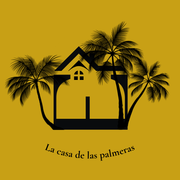 Silueta de casa negra con palmeras y el texto