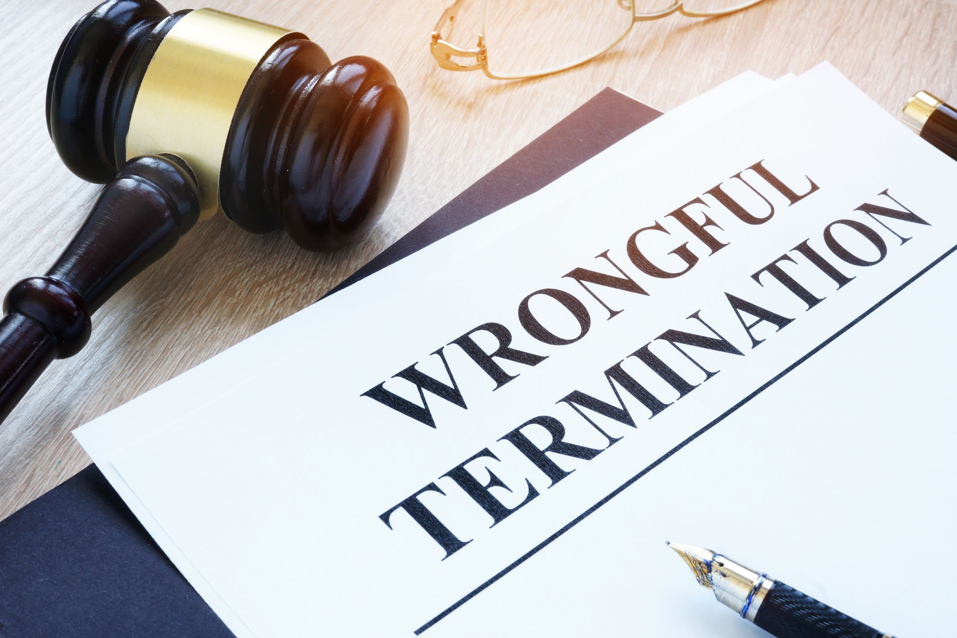 Document labeled “Wrongful Termination” placed beside a gavel and office supplies.