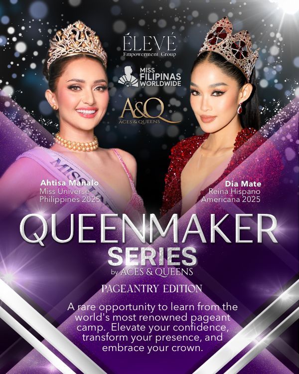 Poster for "Queenmaker Series" with two pageant winners wearing crowns, promoting a pageant camp.