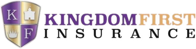 A logo for kingdom first insurance with a purple and gold shield