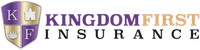 A logo for kingdom first insurance with a purple and gold shield