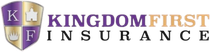 A logo for kingdom first insurance with a purple and gold shield
