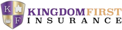 A logo for kingdom first insurance with a purple and gold shield