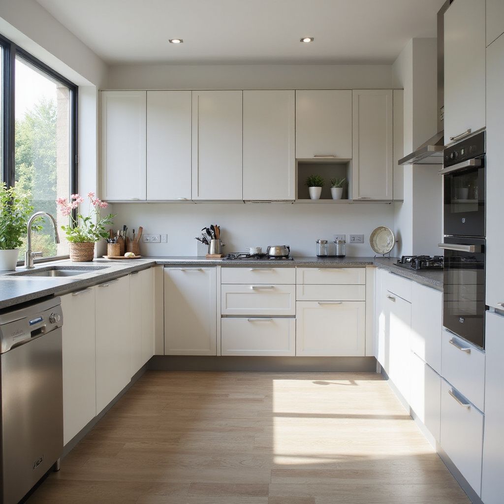 Moderne weiße Küche mit Holzboden, Edelstahlgeräten und einem großen Fenster.