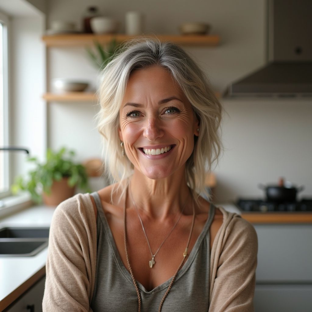 Eine Frau mit silbernem Haar lächelt in einer Küche; sie trägt eine Halskette und eine Strickjacke.