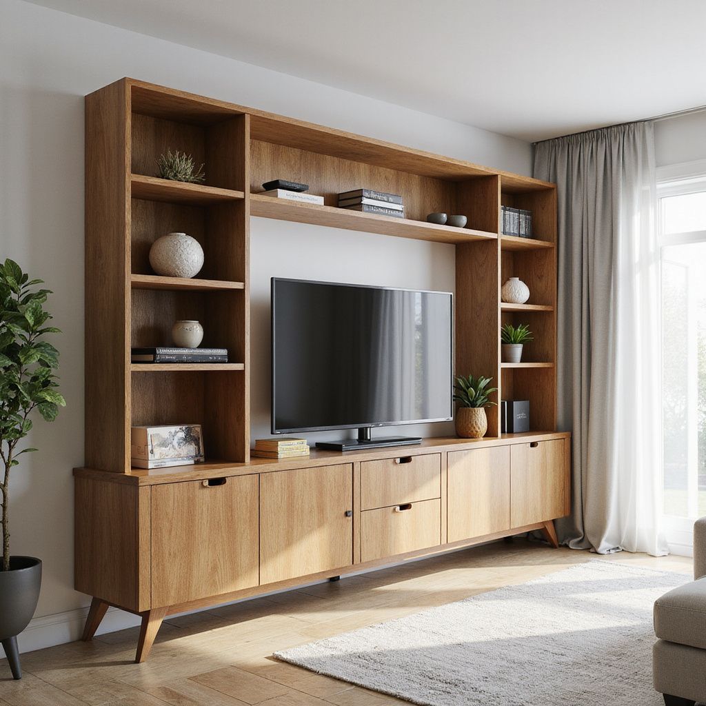 Medienschrank aus Holz mit Fernseher, Regalen und Stauraum im Wohnzimmer.