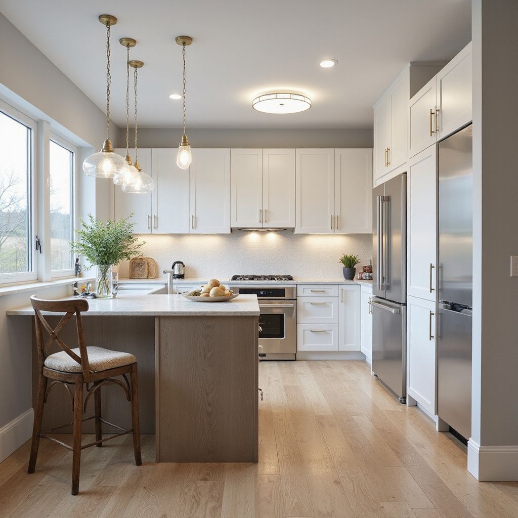 Moderne Küche mit weißen Schränken, Edelstahlgeräten, Holzböden und Kochinsel mit Pendelleuchten.