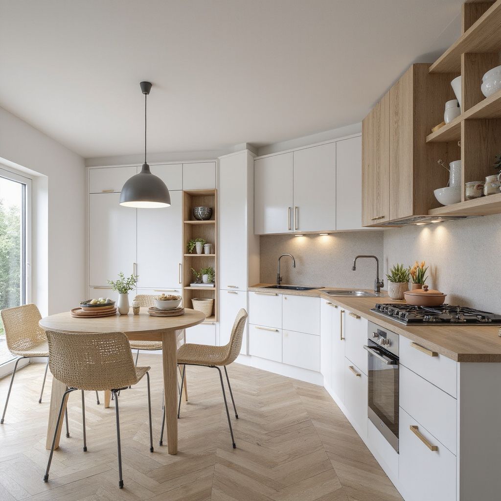 Moderne Küche mit weißen Schränken, Arbeitsplatten aus Holz und einem Esstisch.