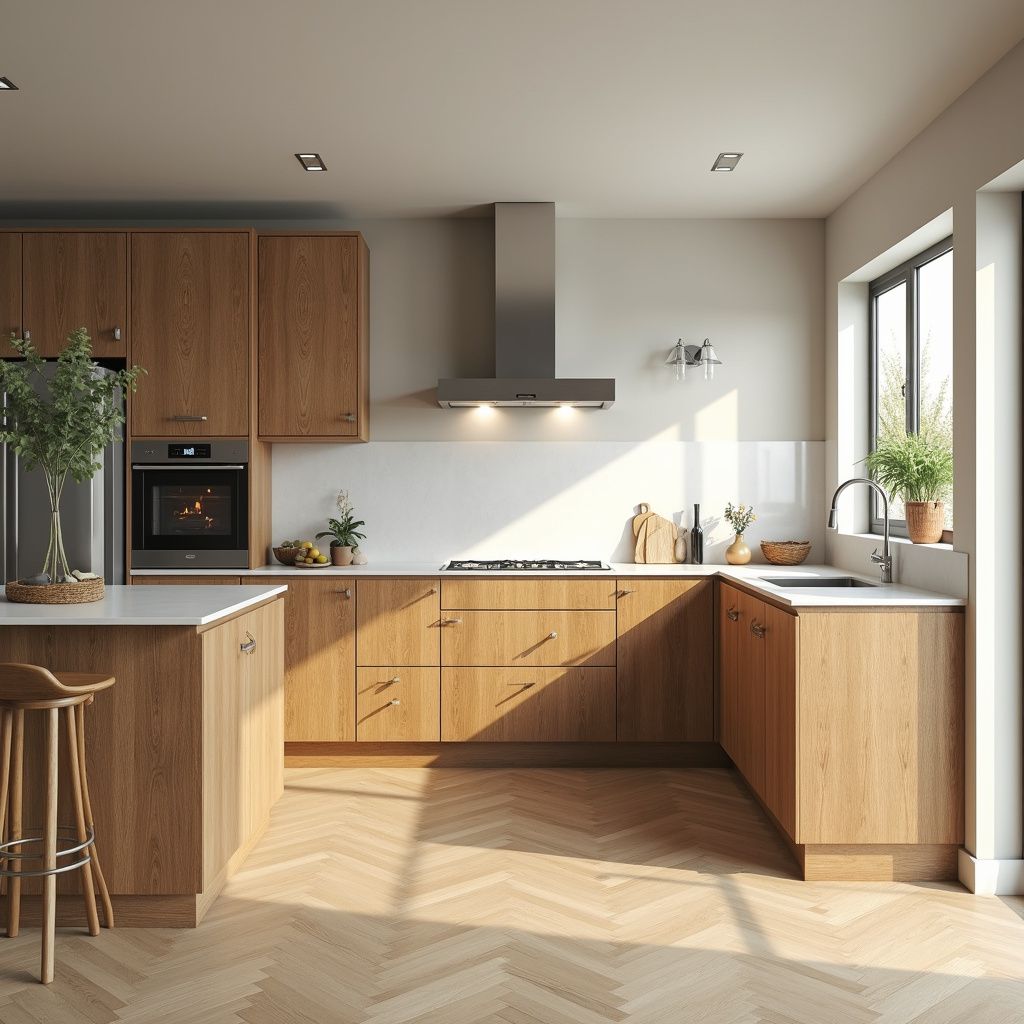 Moderne Holzküche mit Dunstabzugshaube aus Edelstahl, Kochinsel und Fischgrätparkett.