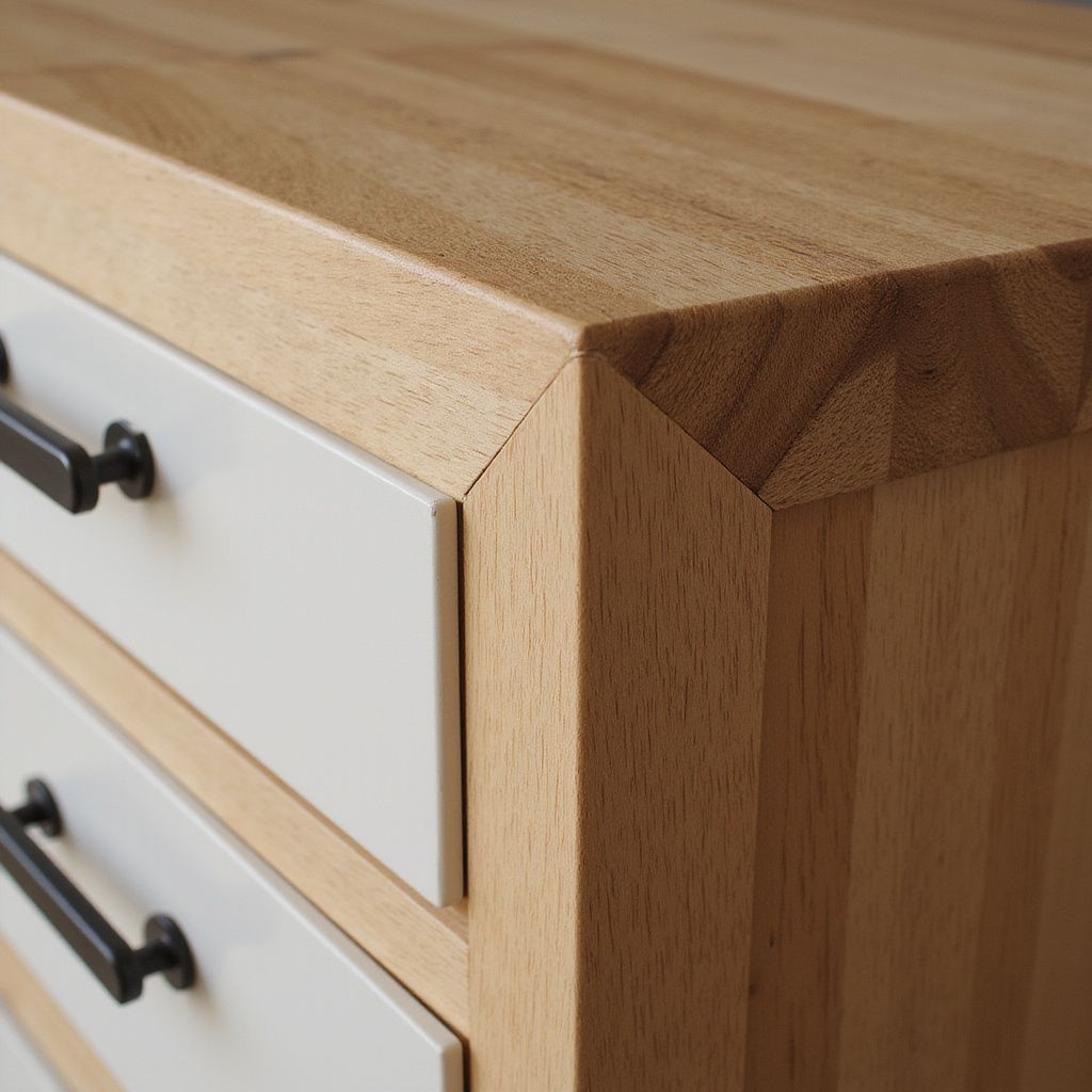 Eckschrank aus Holz mit weißen Schubladen und schwarzen Griffen.