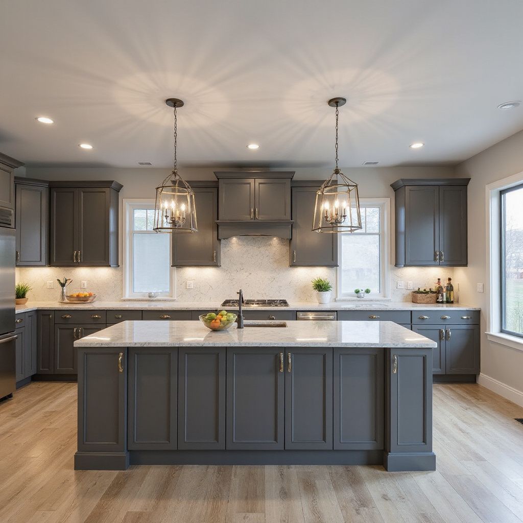 Graue Küche mit Kochinsel, Marmorarbeitsplatten, Pendelleuchten und hellem Holzboden.