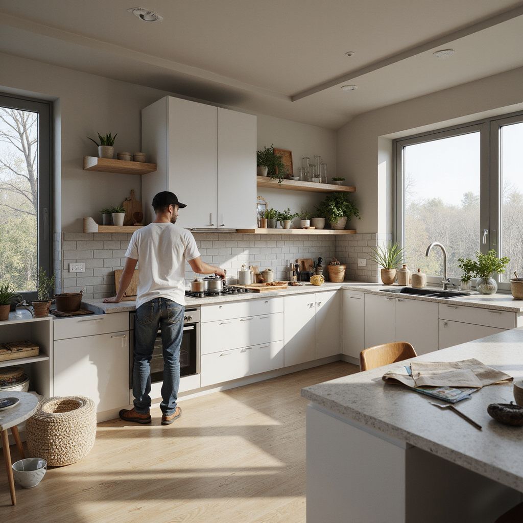 Ein Mann kocht in einer hellen Küche mit weißen Schränken, Pflanzen und natürlichem Licht.