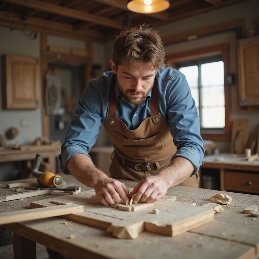 Mann mit Schürze montiert Holzteile auf einem Werkstatttisch.
