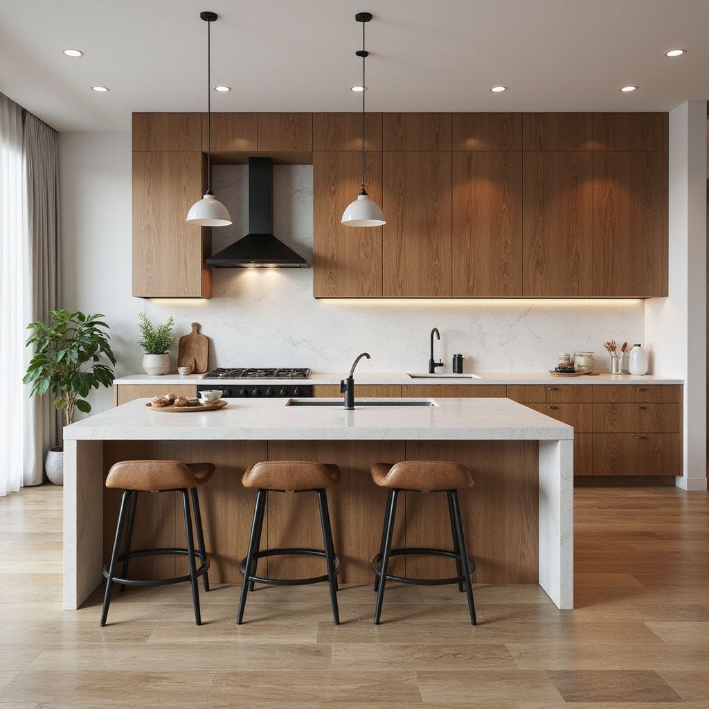 Moderne Küche mit Holzschränken, weißer Kochinsel und Arbeitsplatten sowie Barhockern aus Leder.