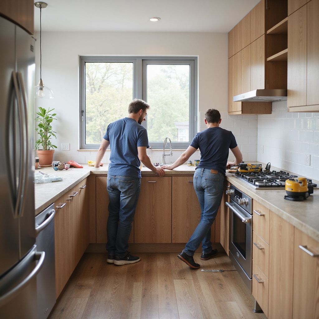 Zwei Personen in einer Küche, die sich an die Küchenarbeitsplatte lehnen; eine in der Nähe eines Fensters, die andere in der Nähe eines Herdes.