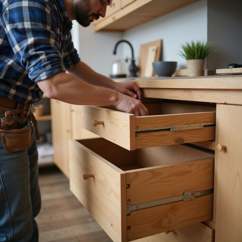 Person, die Küchenschubladen in helle Holzschränke einbaut.
