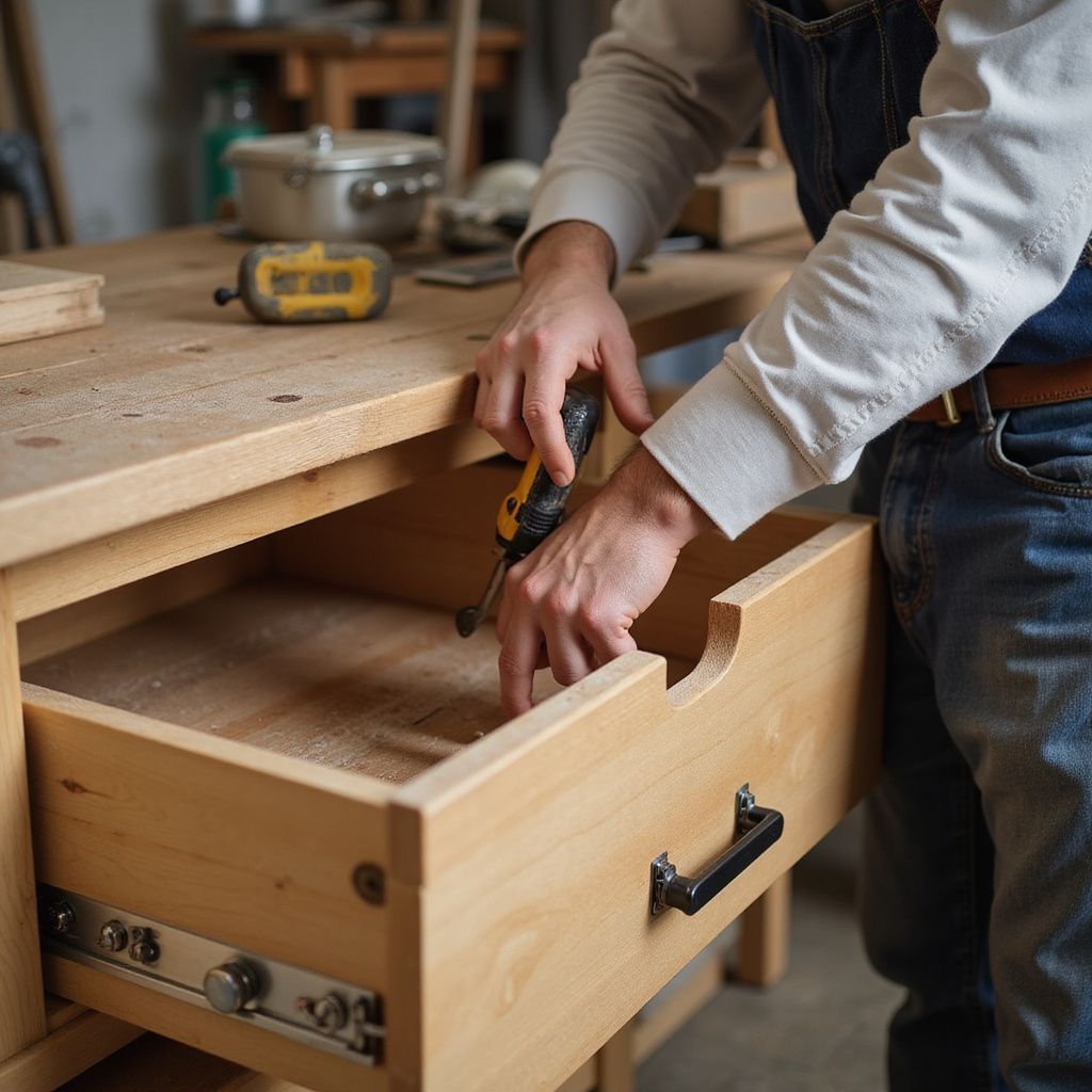 Eine Person montiert eine Holzschublade an einer Werkbank.