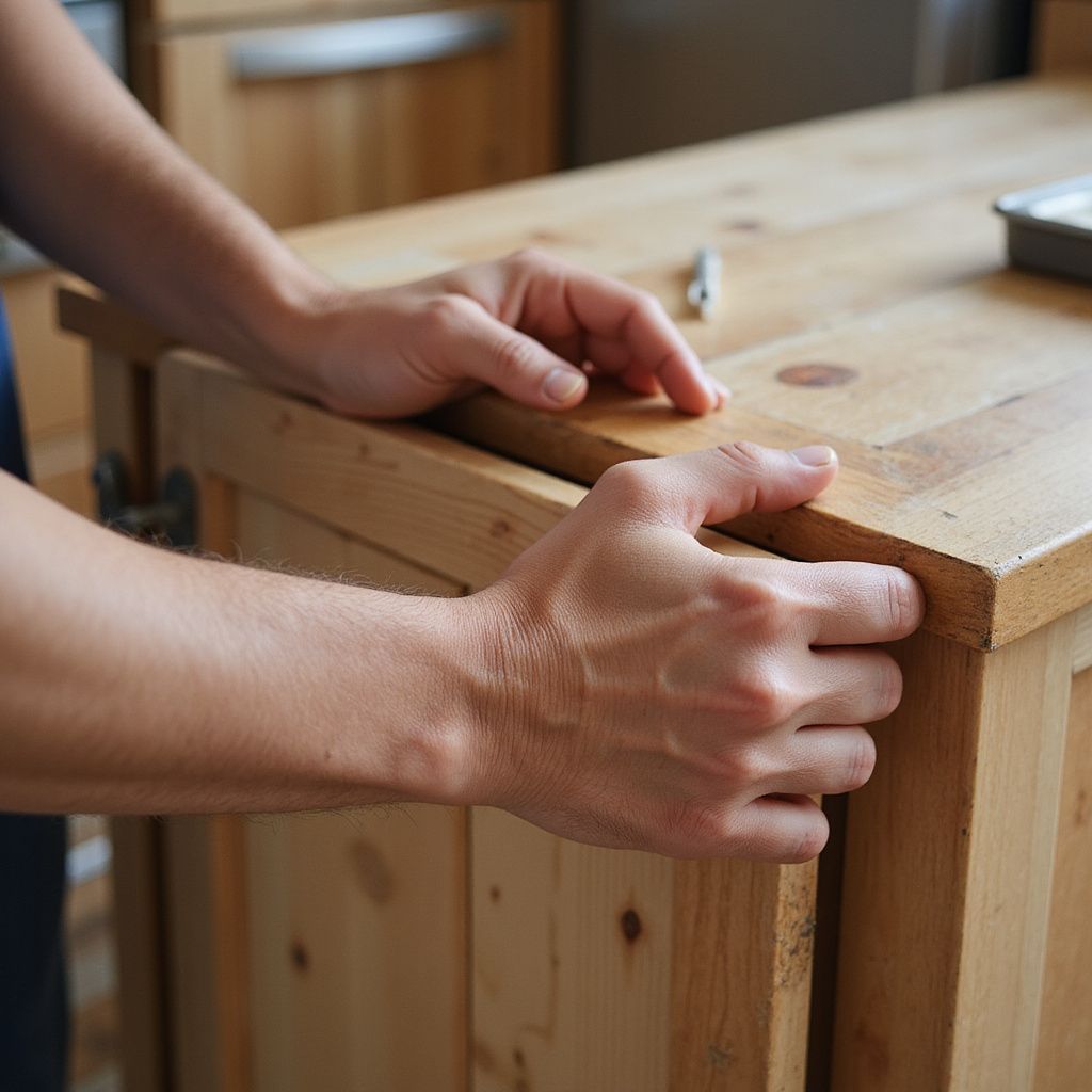 Hände an einem Holzschrank in der Küche, bereit, ihn zu öffnen.
