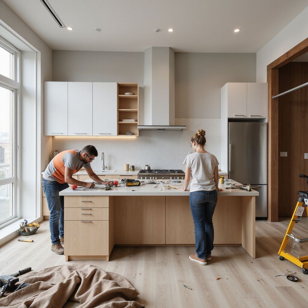 Zwei Personen arbeiten an einer Kücheninsel in einem lichtdurchfluteten Raum; Werkzeuge und Materialien liegen verstreut herum.