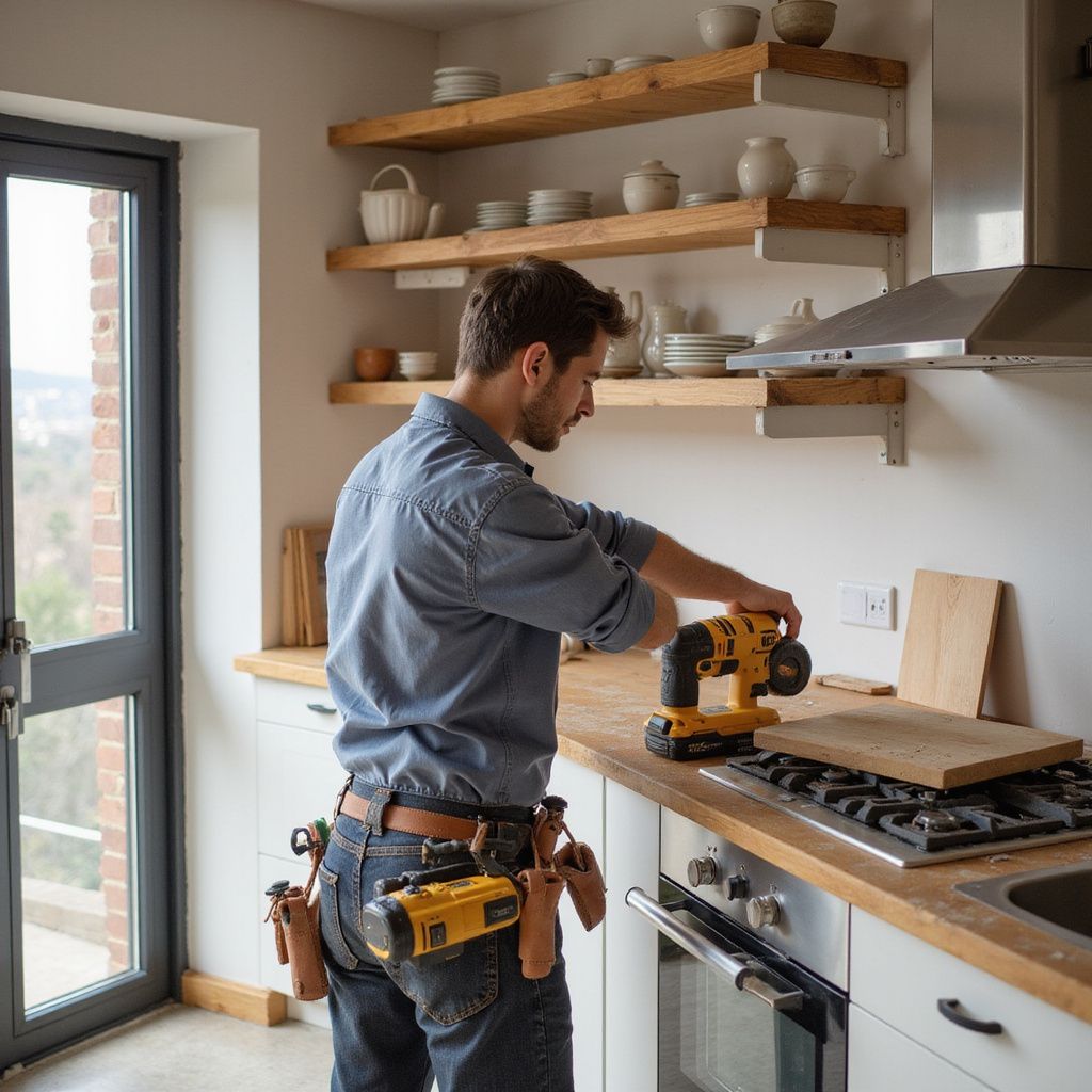 Ein Mann benutzt ein Elektrowerkzeug in der Küche und montiert eine Arbeitsplatte. Darüber befinden sich Regale mit Geschirr.