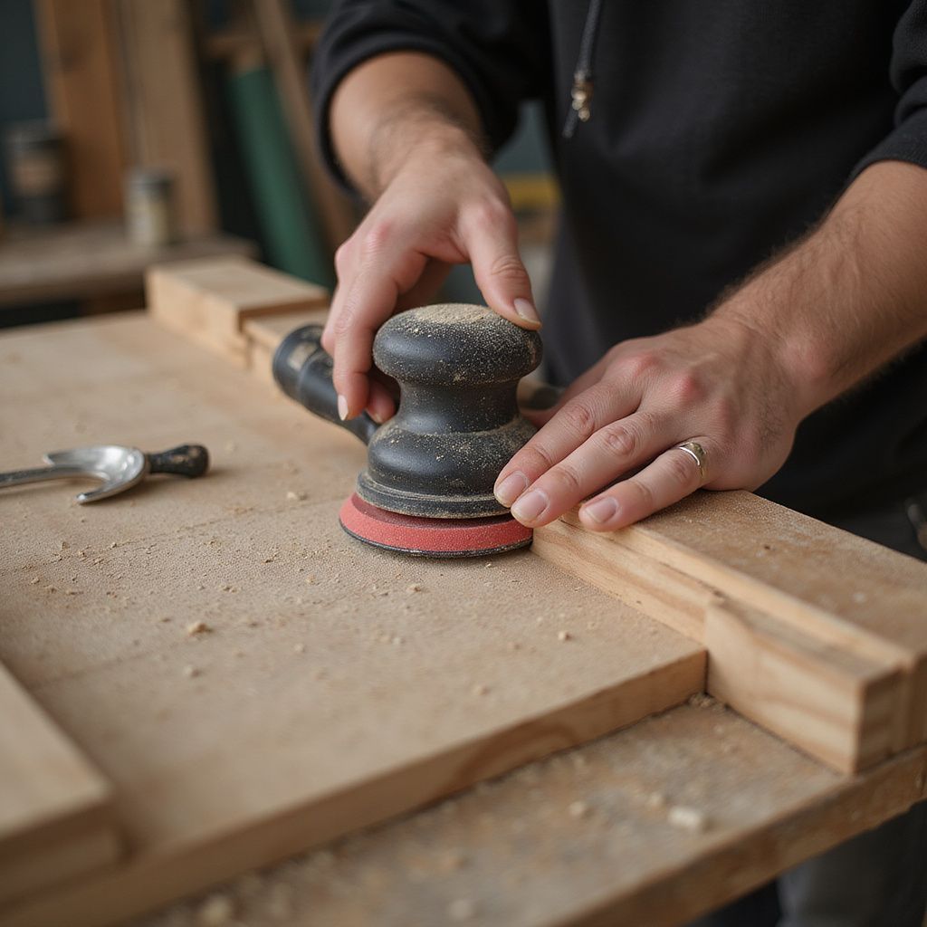 In einer Werkstatt schleift eine Person Holz mit einem elektrischen Schleifgerät. Sägemehl liegt in der Luft.