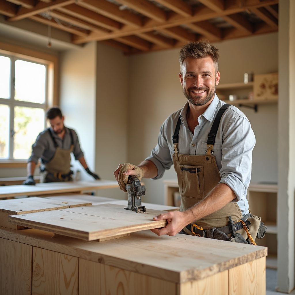 Ein lächelnder Schreiner sägt Holz, im Hintergrund ein weiterer Schreiner. Werkstattszene.