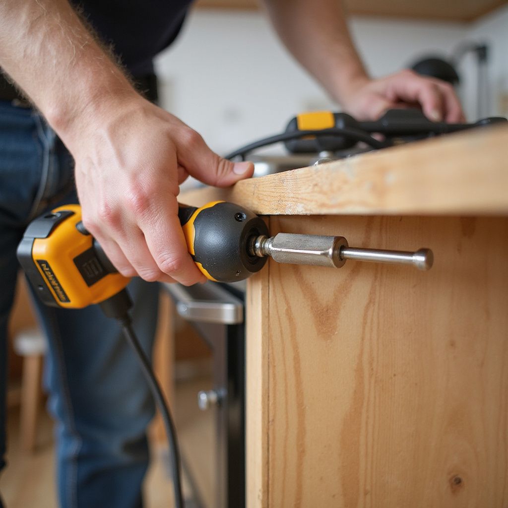 Eine Person benutzt ein gelb-schwarzes Elektrowerkzeug auf einer Holzoberfläche, vermutlich handelt es sich um eine Schreinerin.