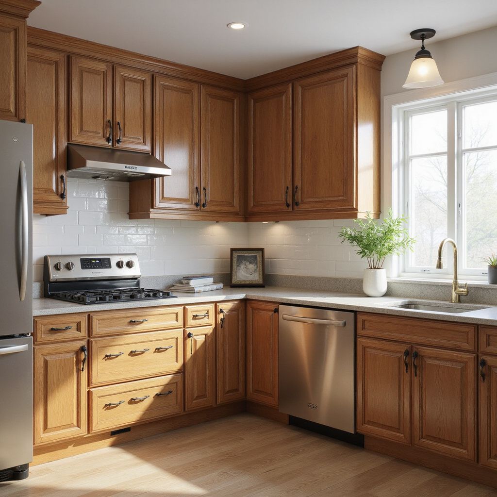 Küche mit Holzschränken, Edelstahlgeräten und einem Fenster.