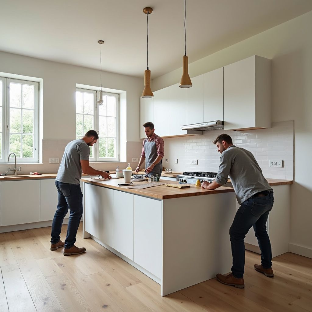 Drei Personen montieren eine Küche, indem sie Schränke zusammenbauen, mit Arbeitsplatten aus Holz und weißen Wänden.