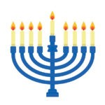 Blue menorah with eight lit candles, and one higher lit candle.