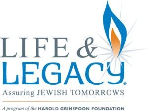 Life & Legacy logo: text and flame graphic. Assuring Jewish tomorrows. Program of Harold Grinspoon Foundation.