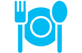 A blue icon of a plate , fork and spoon on a white background.